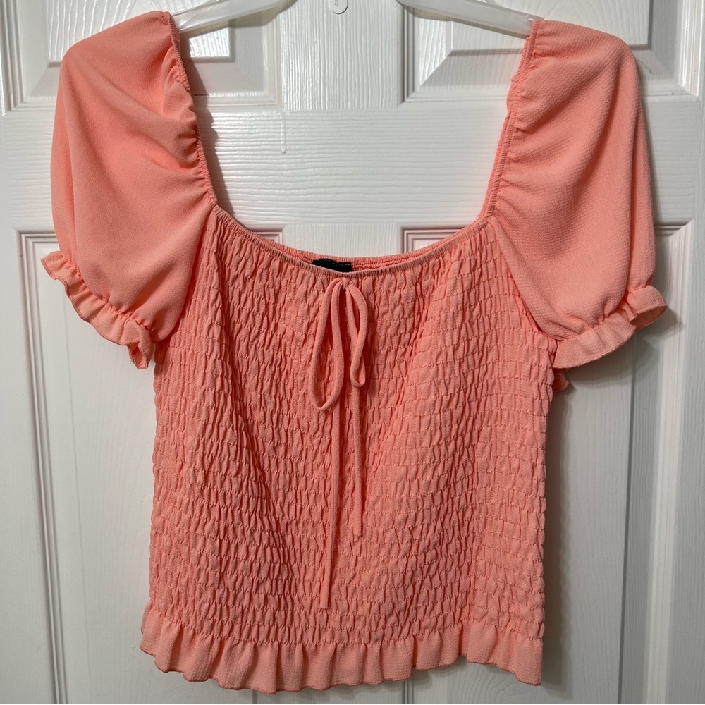 Sky Plus Peach Ruffle Smock Crop Top Size 1X Square Neck Puff Short Sleeve